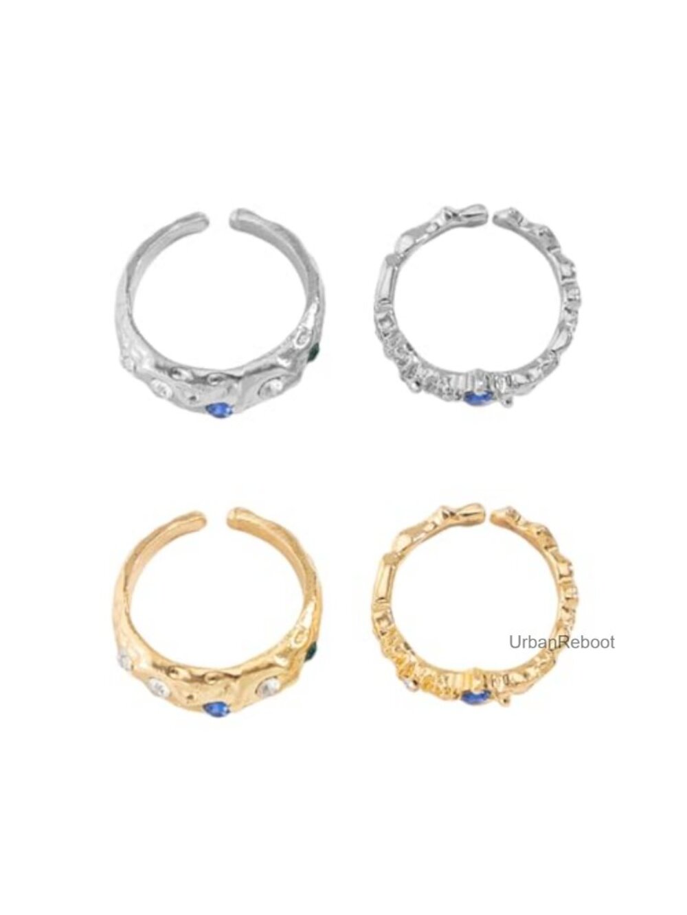 Chunky Stackable Ring Set Gold Silver Hammered Rhinestone Knuckle Rings Bold